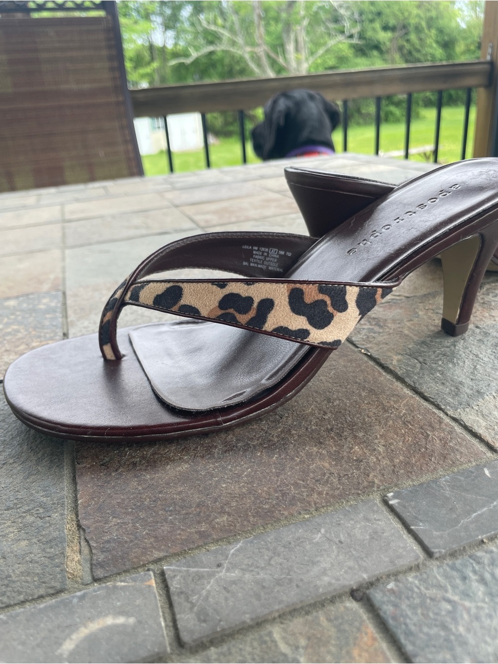 Apostrophe Brown Leather Thong Heel Sandal with Leopard Strap